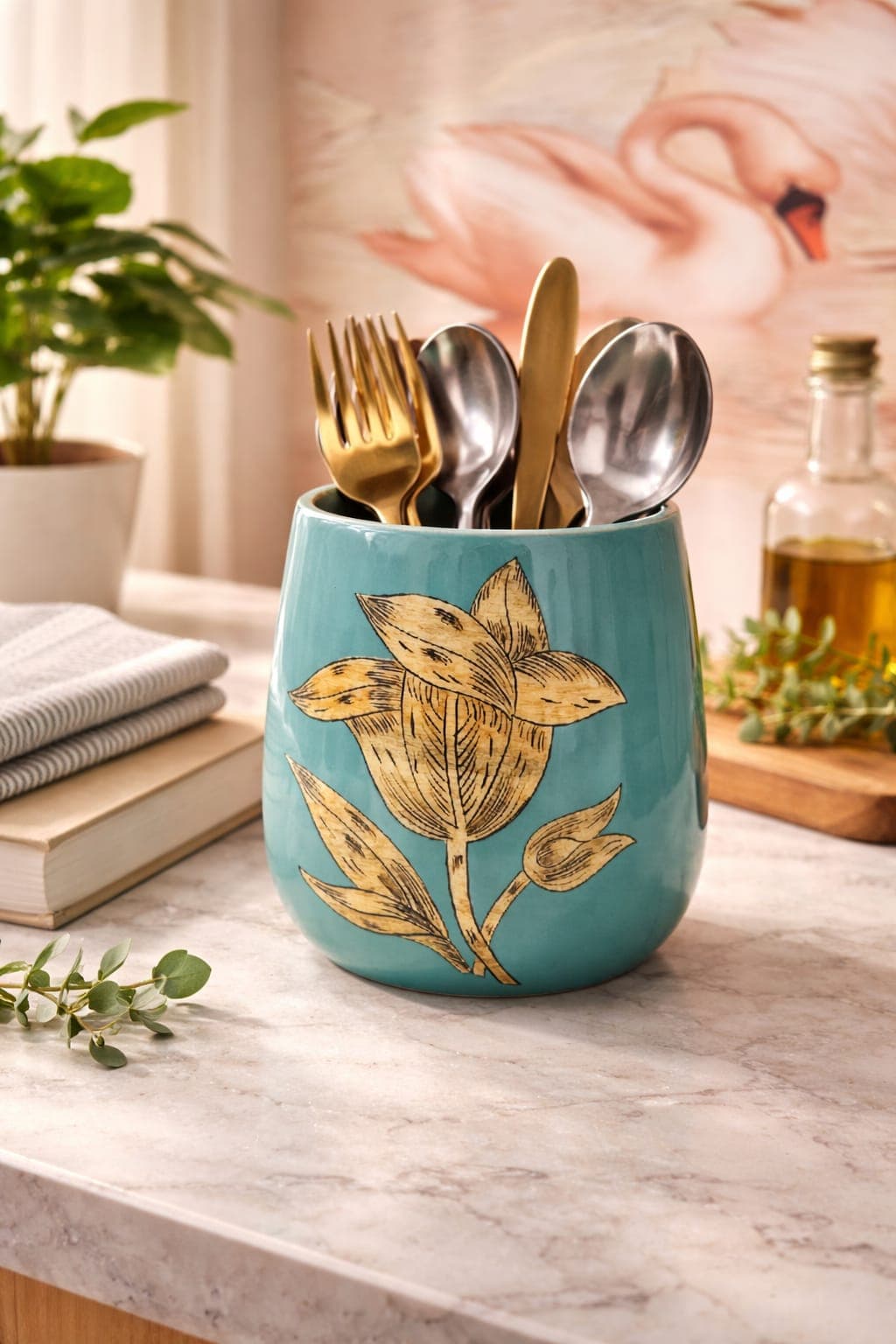 Aurelia Bloom Cutlery Holder (Teal Floral) — handcrafted wooden kitchenware by Da Aura