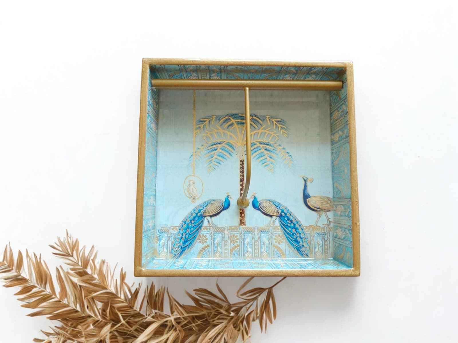 Blue Majesty Tissue Holder (Peacock Design) — handcrafted wooden kitchenware by Da Aura