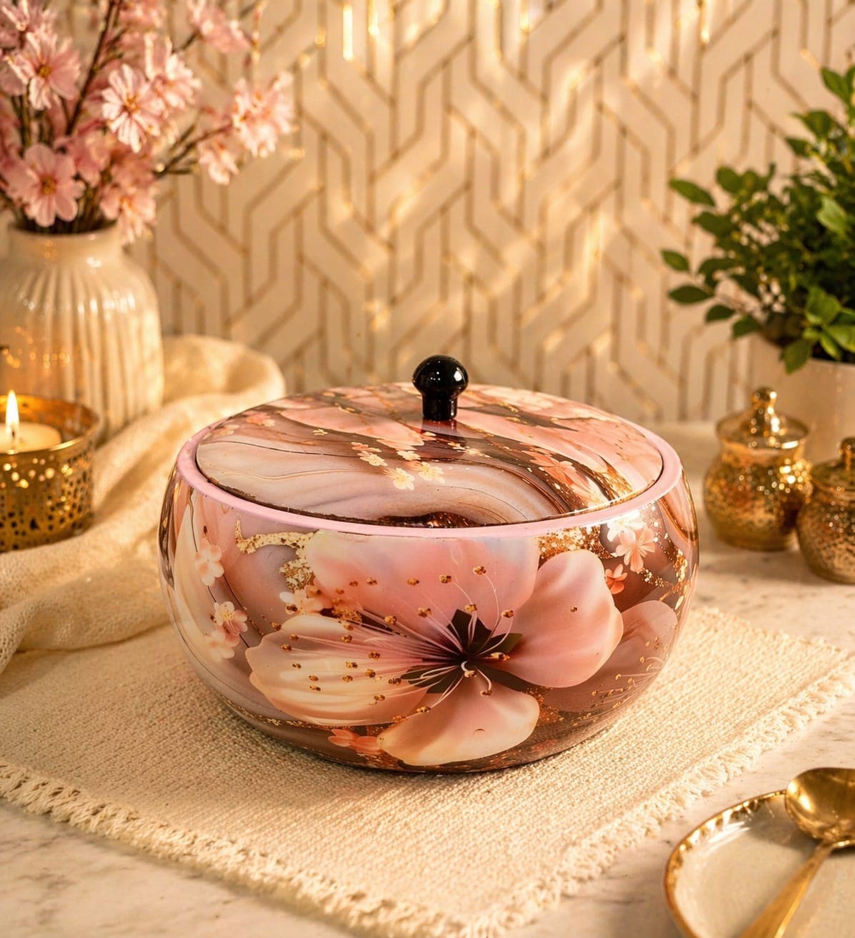 Blush Bloom Royale Resin Roti Box/Container — handcrafted wooden kitchenware by Da Aura