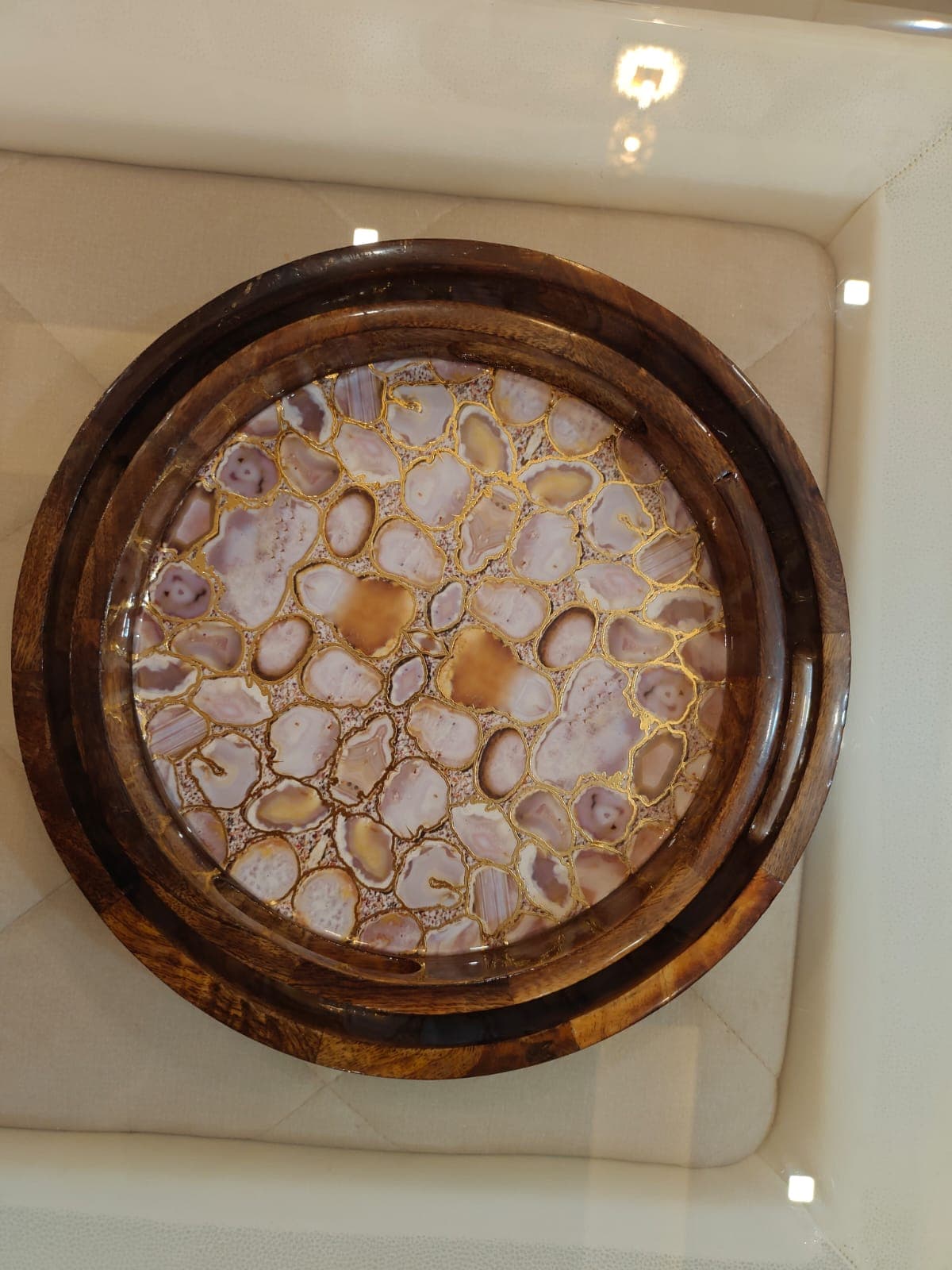Decorative Round Nesting Tray Set (White & Golden) — handcrafted wooden kitchenware by Da Aura